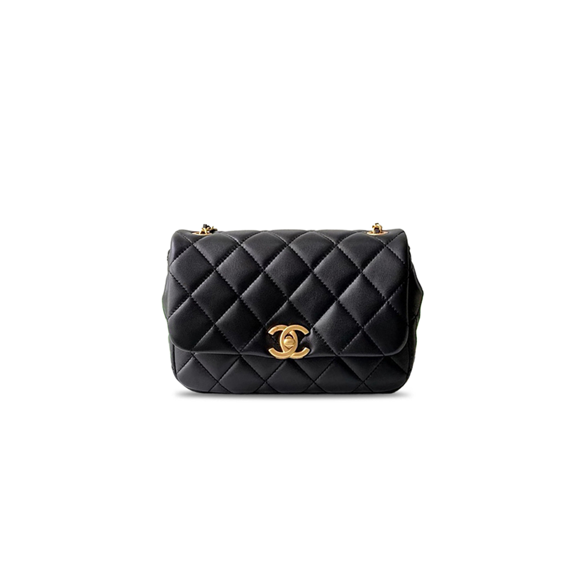 CHANEL MASTER  MINI PEARLY CHAIN FLAP BAG BLACK LAMBSKIN BRUSHED GOLD HARDWARE  (20*15*5cm)